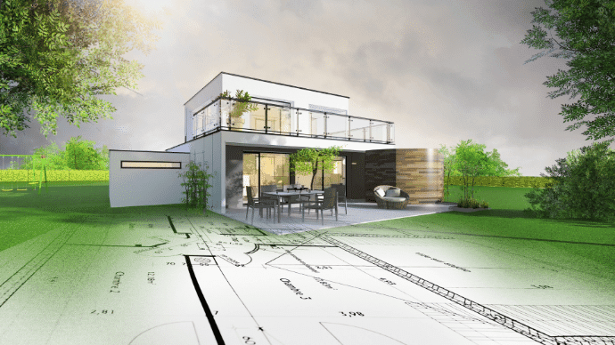 3D rendering of a modern house with a detailed floor plan overlay, showcasing outdoor dining area and lush greenery, highlighting real estate photography and marketing services by Listing Marketing Pros in Litchfield Park, AZ.
