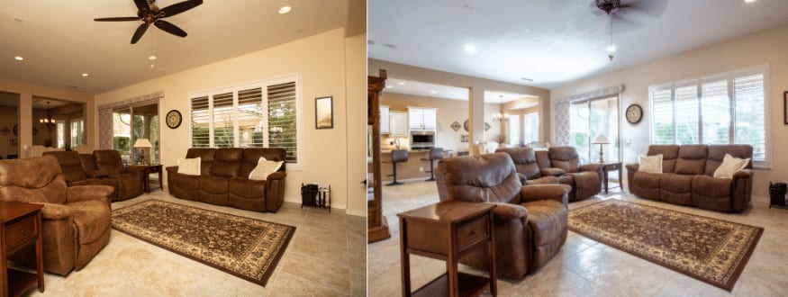 Spacious living room showcasing modern furnishings, natural light from large windows, and a seamless connection to an adjacent kitchen, emphasizing luxury and comfort in real estate photography.